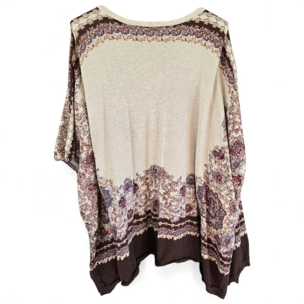 Liz Claiborne Womens L/XL Cotton Beige & Burgundy Floral Ruana Poncho Shawl - Picture 7 of 9